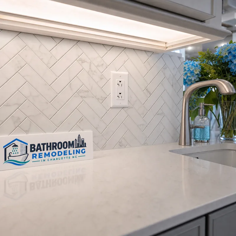 Clean backsplash-to-counter transition with intentional outlets and even under-cabinet lighting