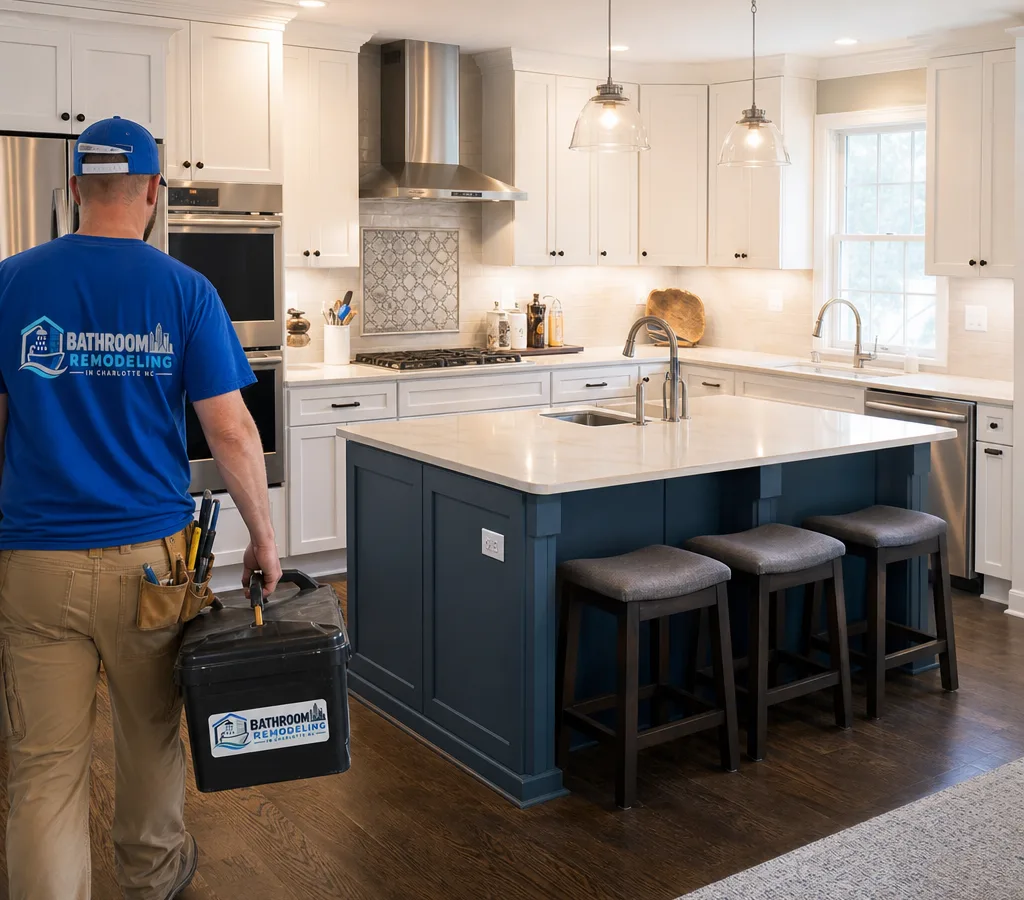 Bright finished Charlotte kitchen remodel with updated cabinets, island, and lighting